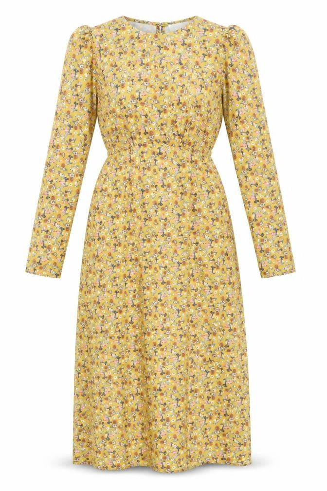 Front view of Warehouse women’s yellow floral polyester sheath, size UK 8, round neck button