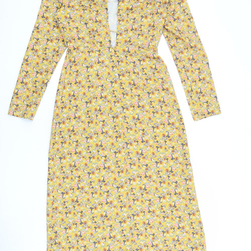 Warehouse Womens Yellow Floral Polyester Sheath Size 8 Round Neck Button