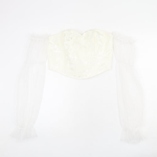 Urban Revivo Womens Ivory Floral Polyester Cropped T-Shirt Size L Sweetheart - Off Shoulder, Mesh Sleeves, Corset