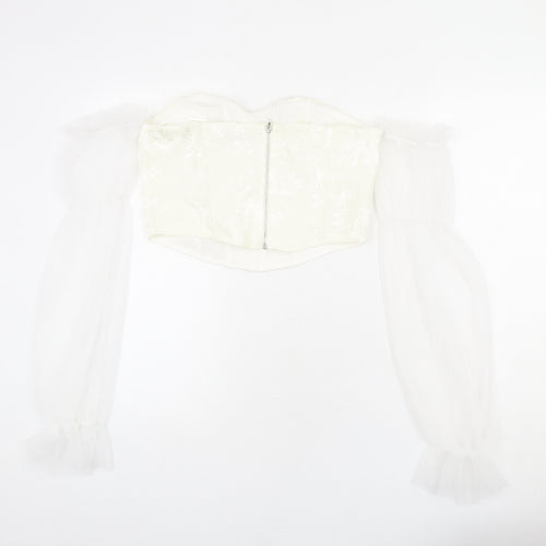 Urban Revivo Womens Ivory Floral Polyester Cropped T-Shirt Size L Sweetheart - Off Shoulder, Mesh Sleeves, Corset