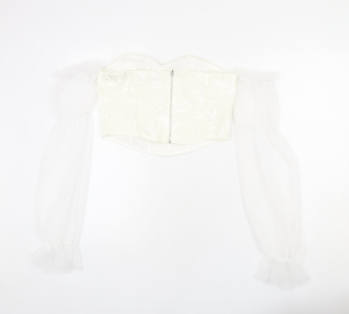 Urban Revivo Womens Ivory Floral Polyester Cropped T-Shirt Size L Sweetheart - Off Shoulder, Mesh Sleeves, Corset