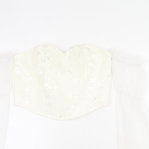 Urban Revivo Womens Ivory Floral Polyester Cropped T-Shirt Size L Sweetheart - Off Shoulder, Mesh Sleeves, Corset