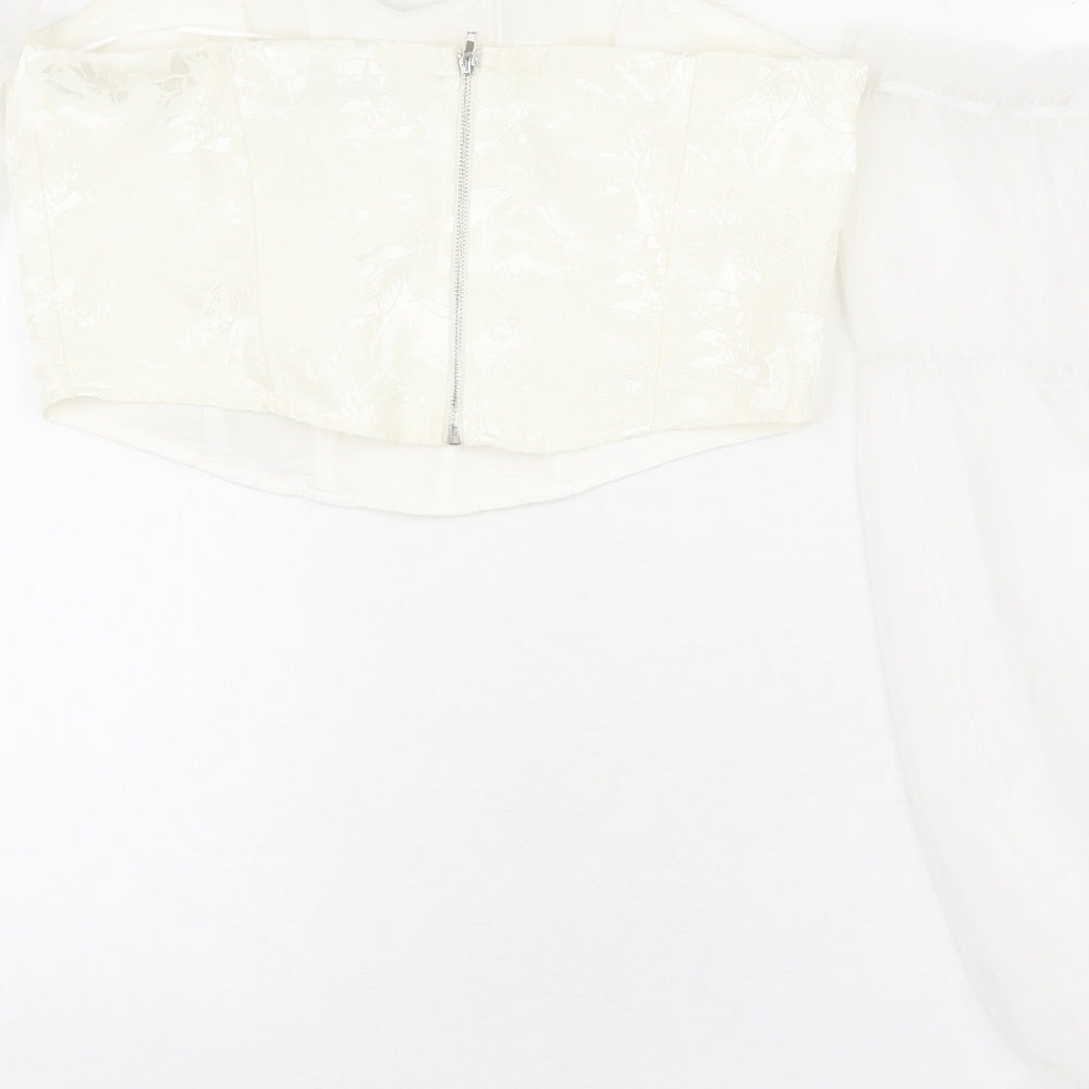 Urban Revivo Womens Ivory Floral Polyester Cropped T-Shirt Size L Sweetheart - Off Shoulder, Mesh Sleeves, Corset