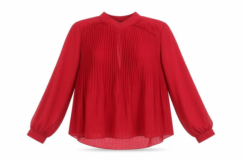 Front view of ASOS women’s red polyester basic blouse, size UK 8, mock neck - pleated