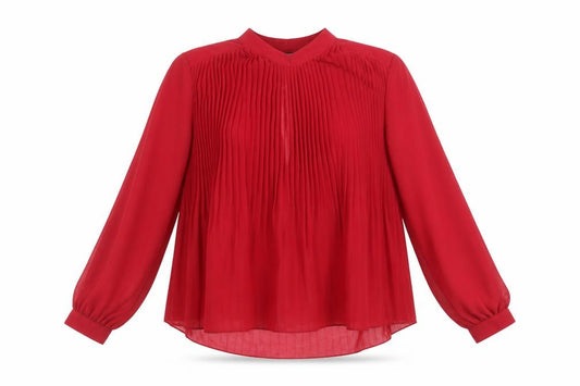 Front view of ASOS women’s red polyester basic blouse, size UK 8, mock neck - pleated