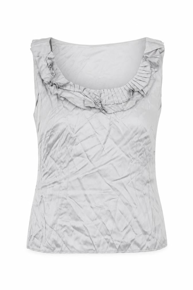 Front view of Coast women’s silver silk basic blouse, size S, scoop neck