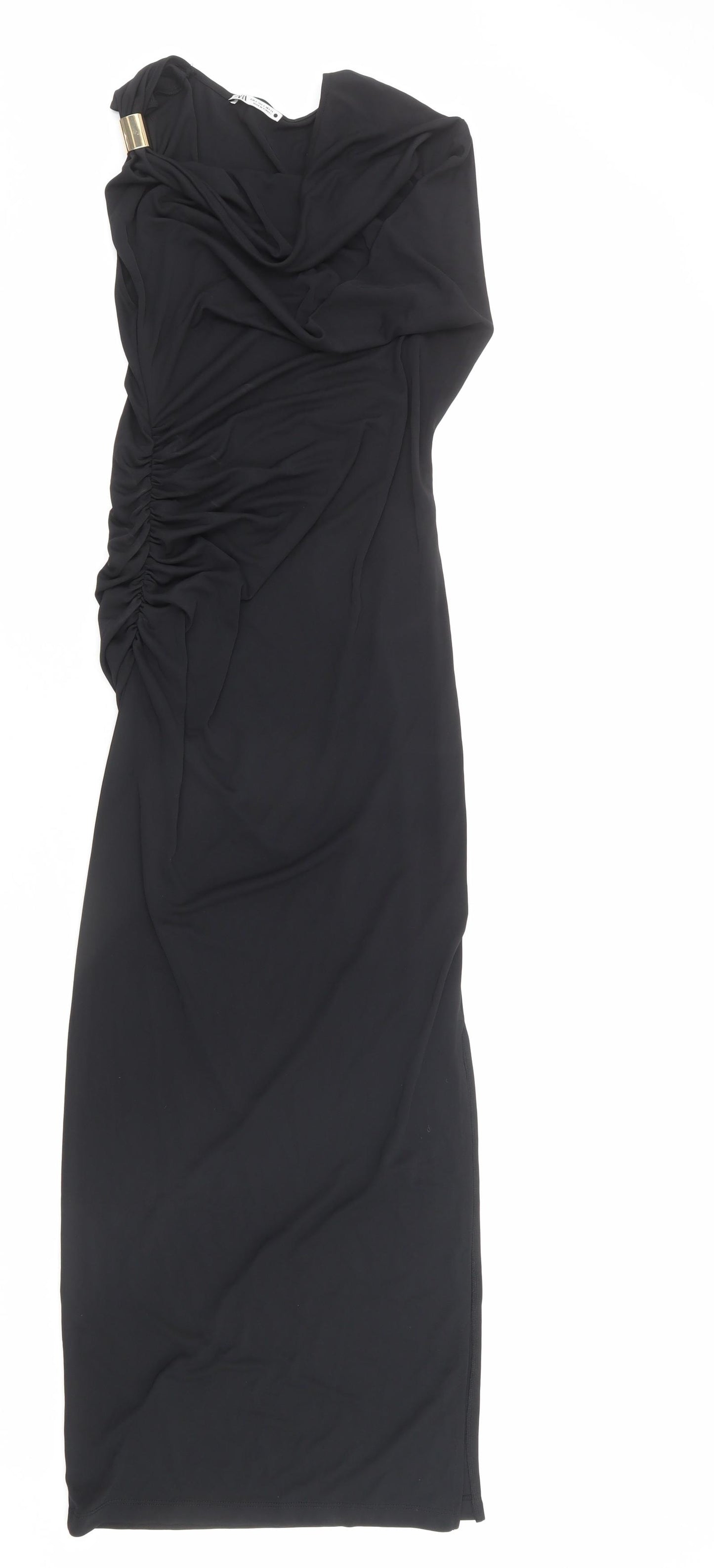 Zara Womens Black Striped Polyester Maxi Size S Cowl Neck Pullover - Ruched Detail