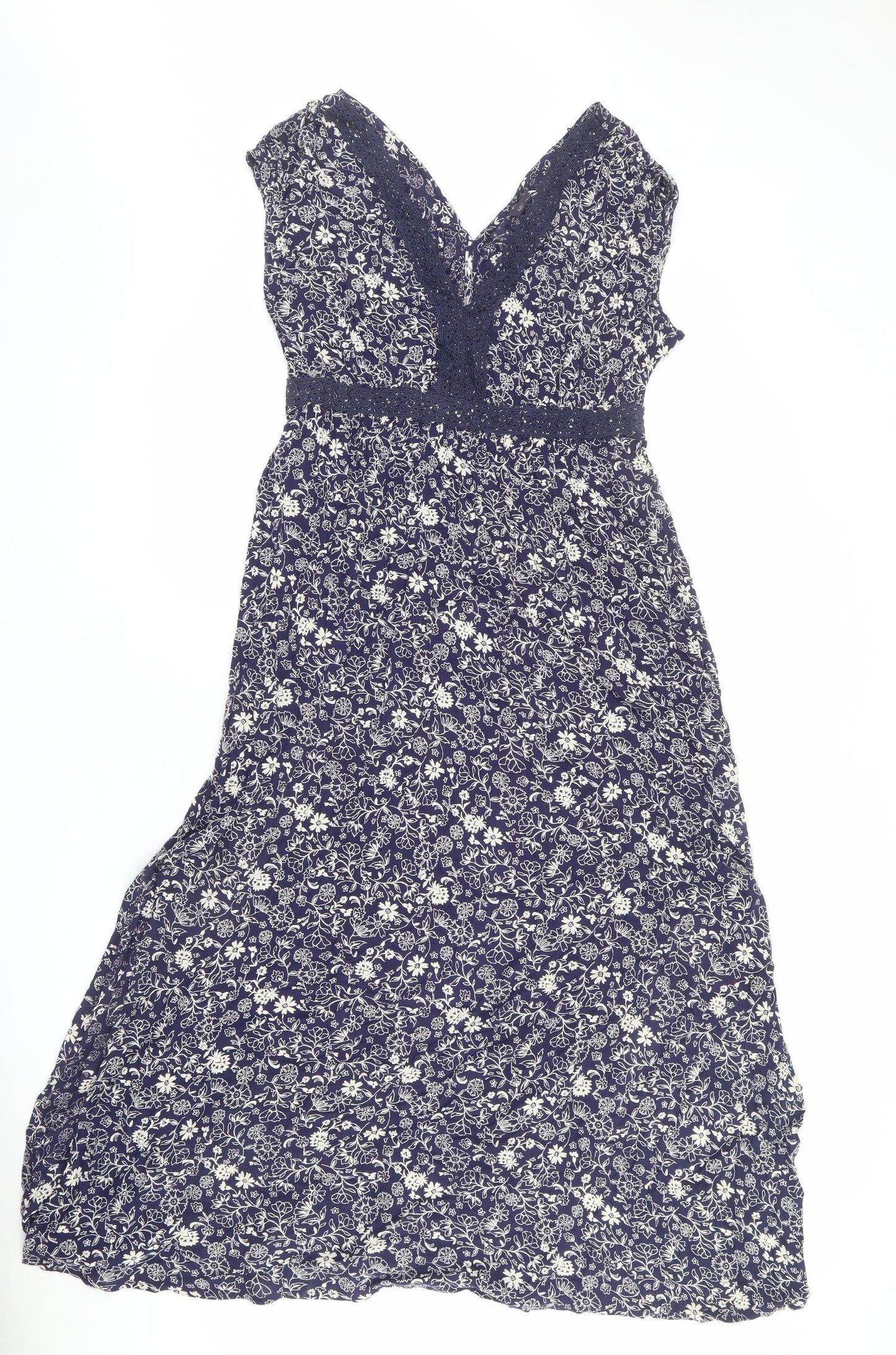 Marks and Spencer Womens Black Floral Viscose Maxi Size 14 V-Neck Pullover - Lace Detail