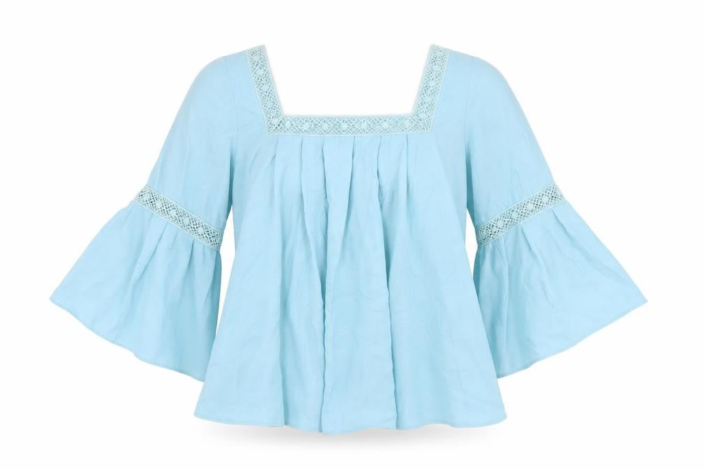 Front view of Limited Edition women’s blue polyester basic blouse, size UK 10, square neck - cut out detail