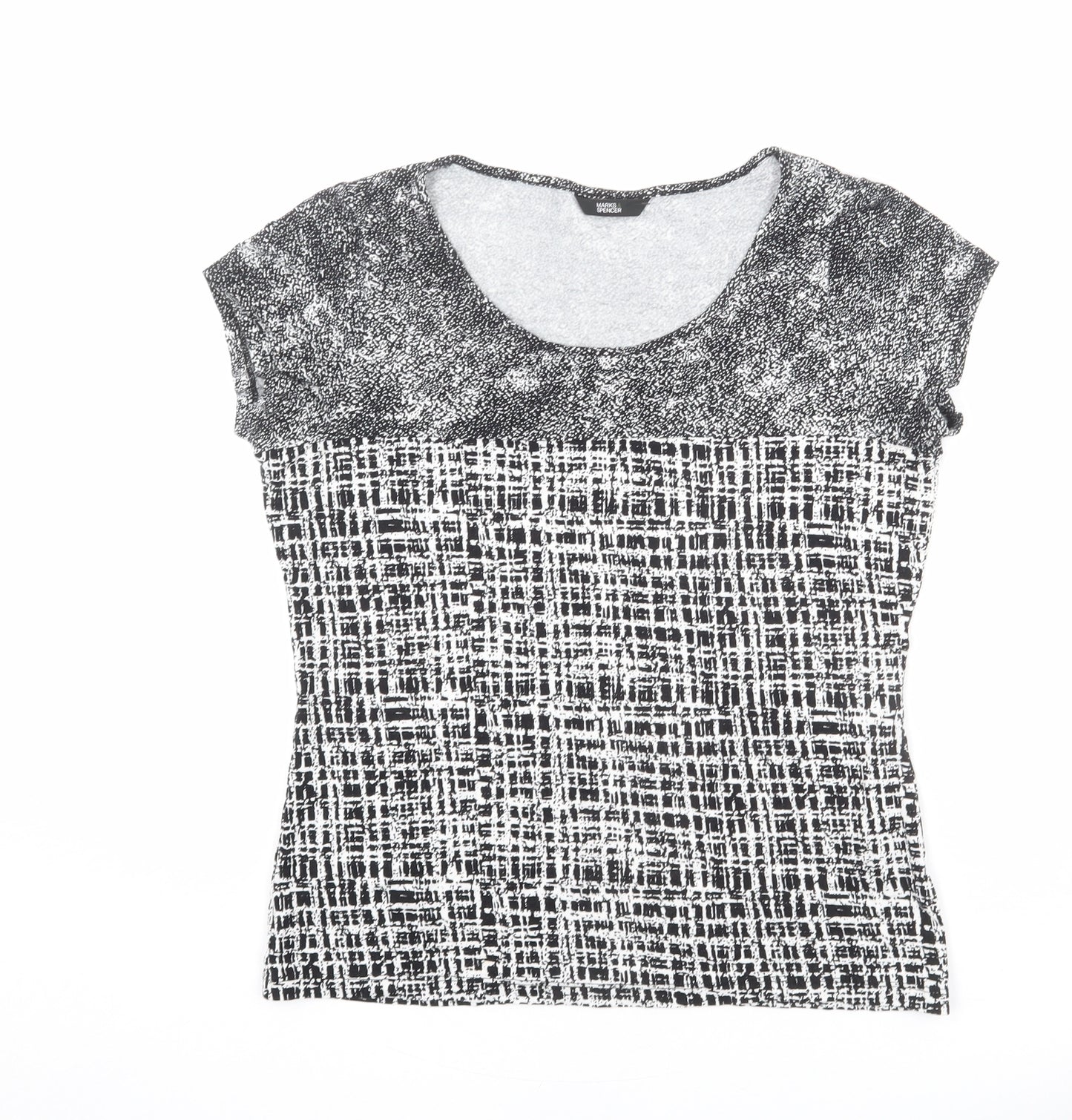 Marks and Spencer Womens Black Geometric Viscose Basic T-Shirt Size 14 Round Neck - Patchwork