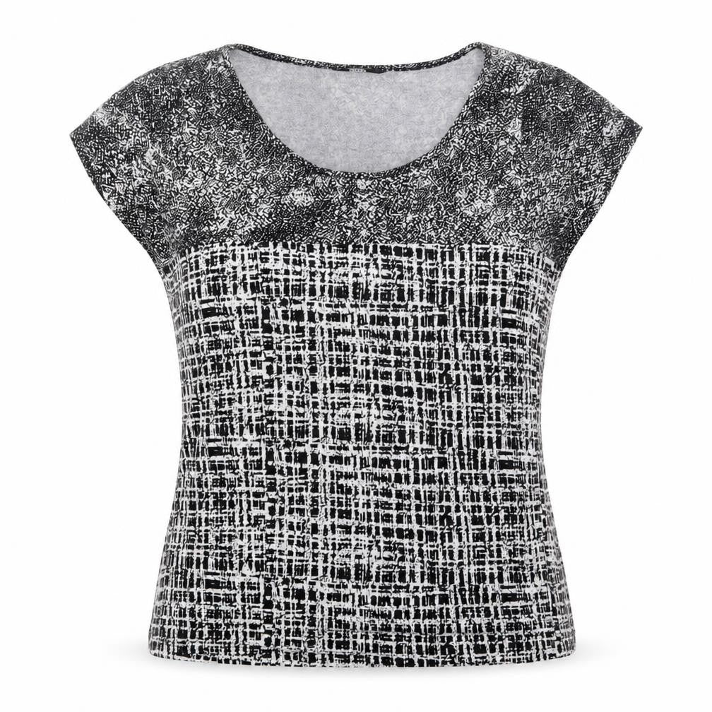 Front view of Marks & Spencer women’s black geometric viscose basic t-shirt, size UK 14, round neck - patchwork