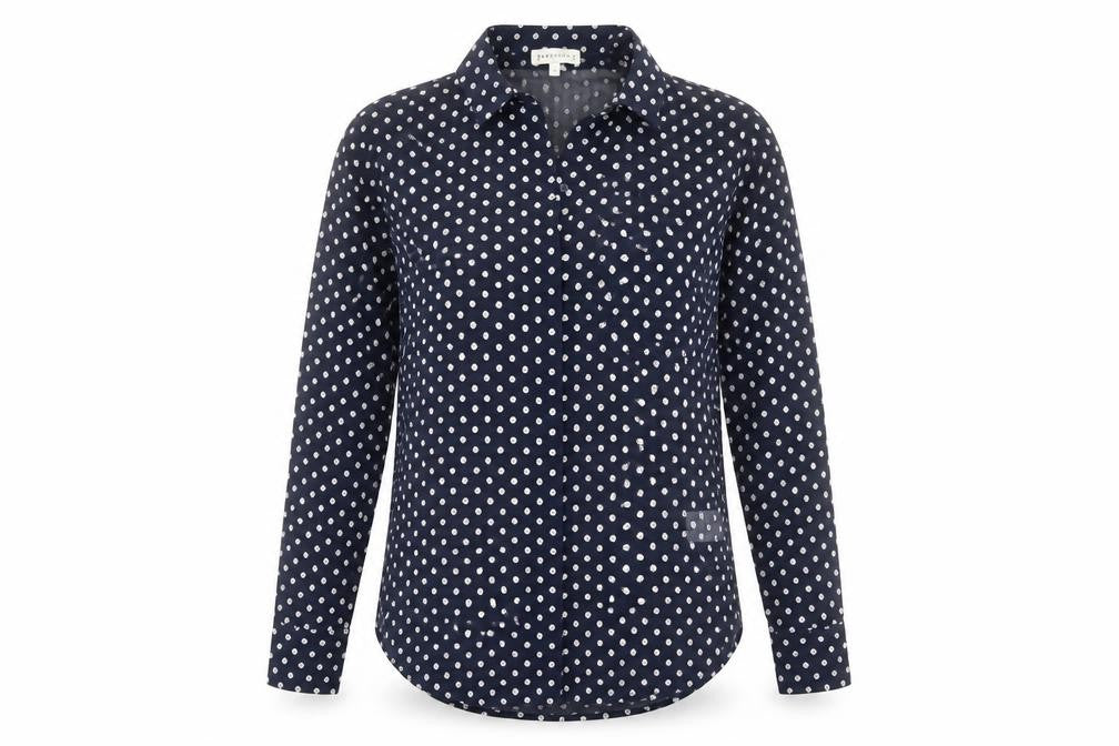 Front view of Warehouse women’s blue geometric polyester basic button-up, size UK 6, collared