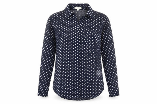Front view of Warehouse women’s blue geometric polyester basic button-up, size UK 6, collared