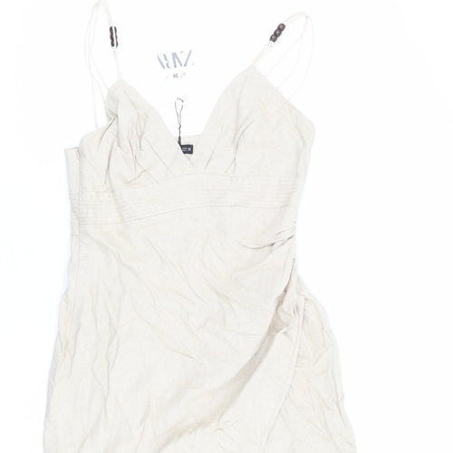 Zara Womens Beige Linen Mini Size M V-Neck Zip - Beaded Detail