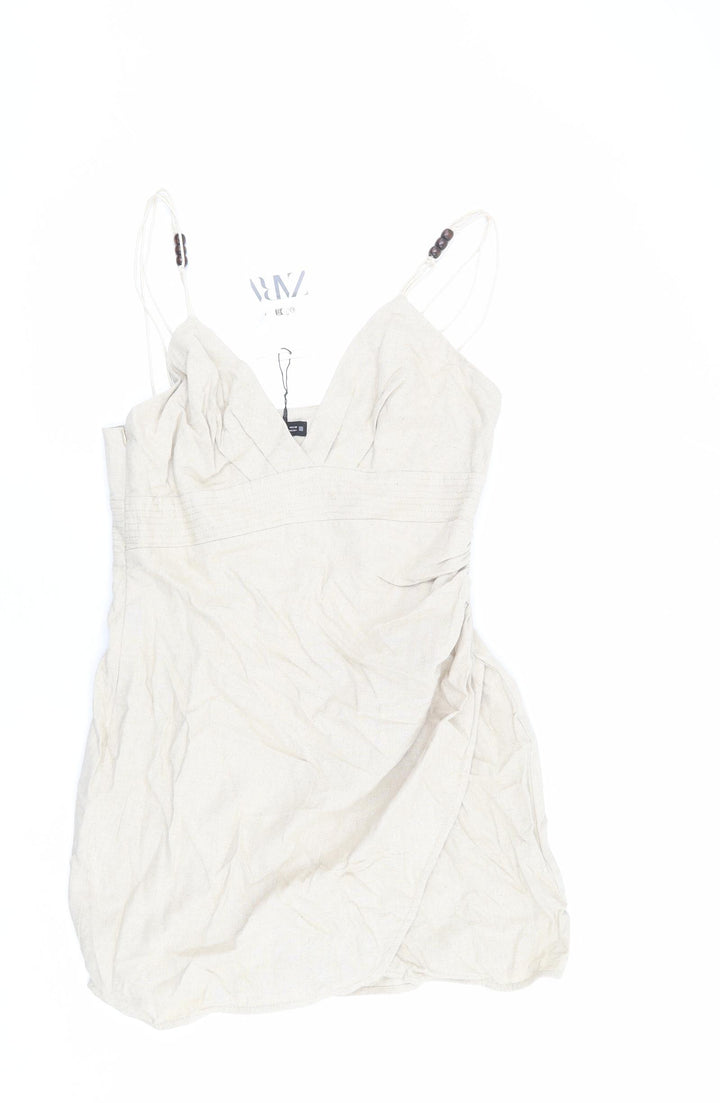 Zara Womens Beige Linen Mini Size M V-Neck Zip - Beaded Detail