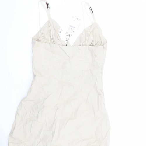 Zara Womens Beige Linen Mini Size M V-Neck Zip - Beaded Detail