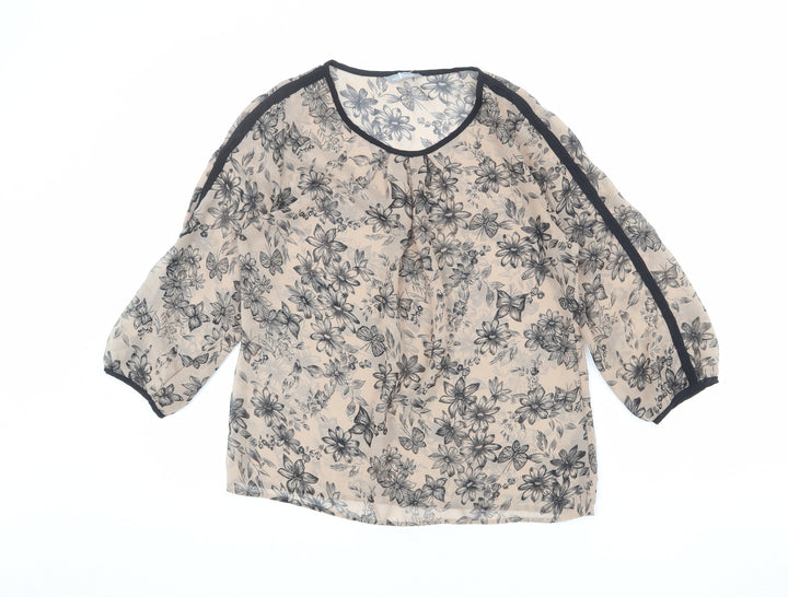 Marks and Spencer Womens Brown Floral Polyester Basic Blouse Size 8 Round Neck