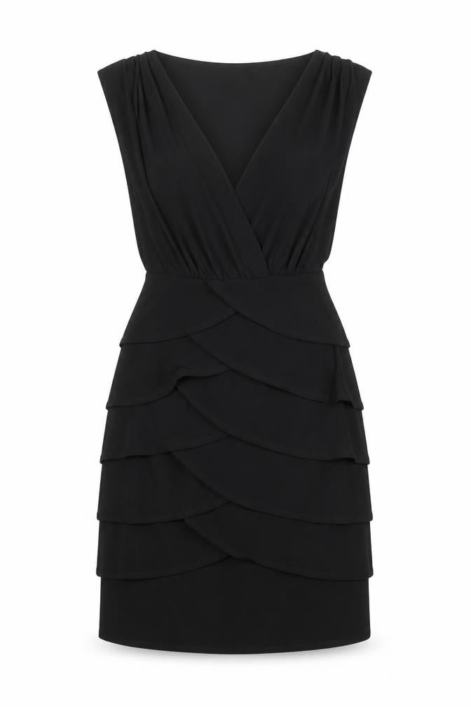 Scarlett Nite Womens Black Polyester Sheath Size 8 Scoop Neck Zip - Tiered, Ruffles