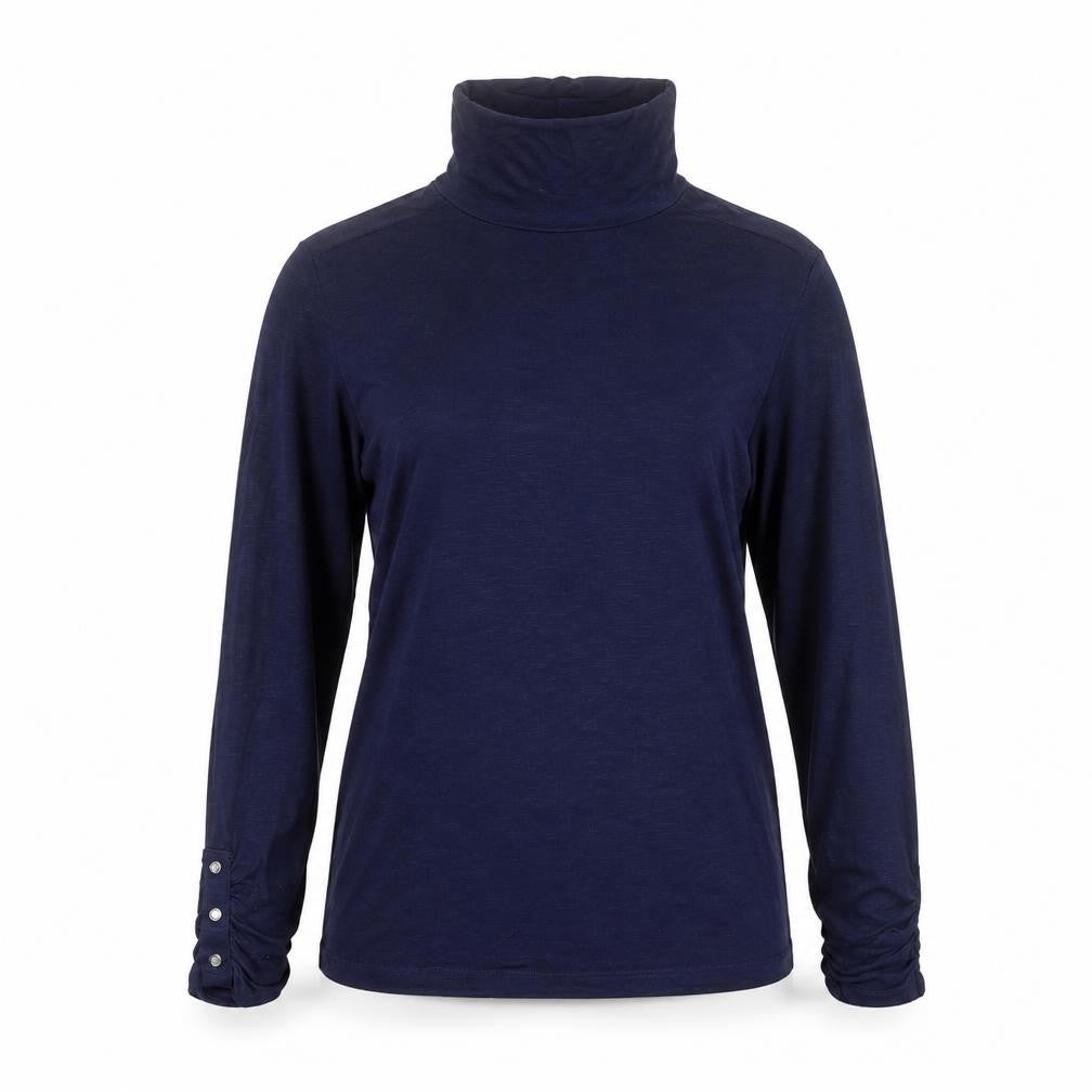 Front view of Marble women’s blue viscose basic t-shirt, size UK 10, high neck - button detail