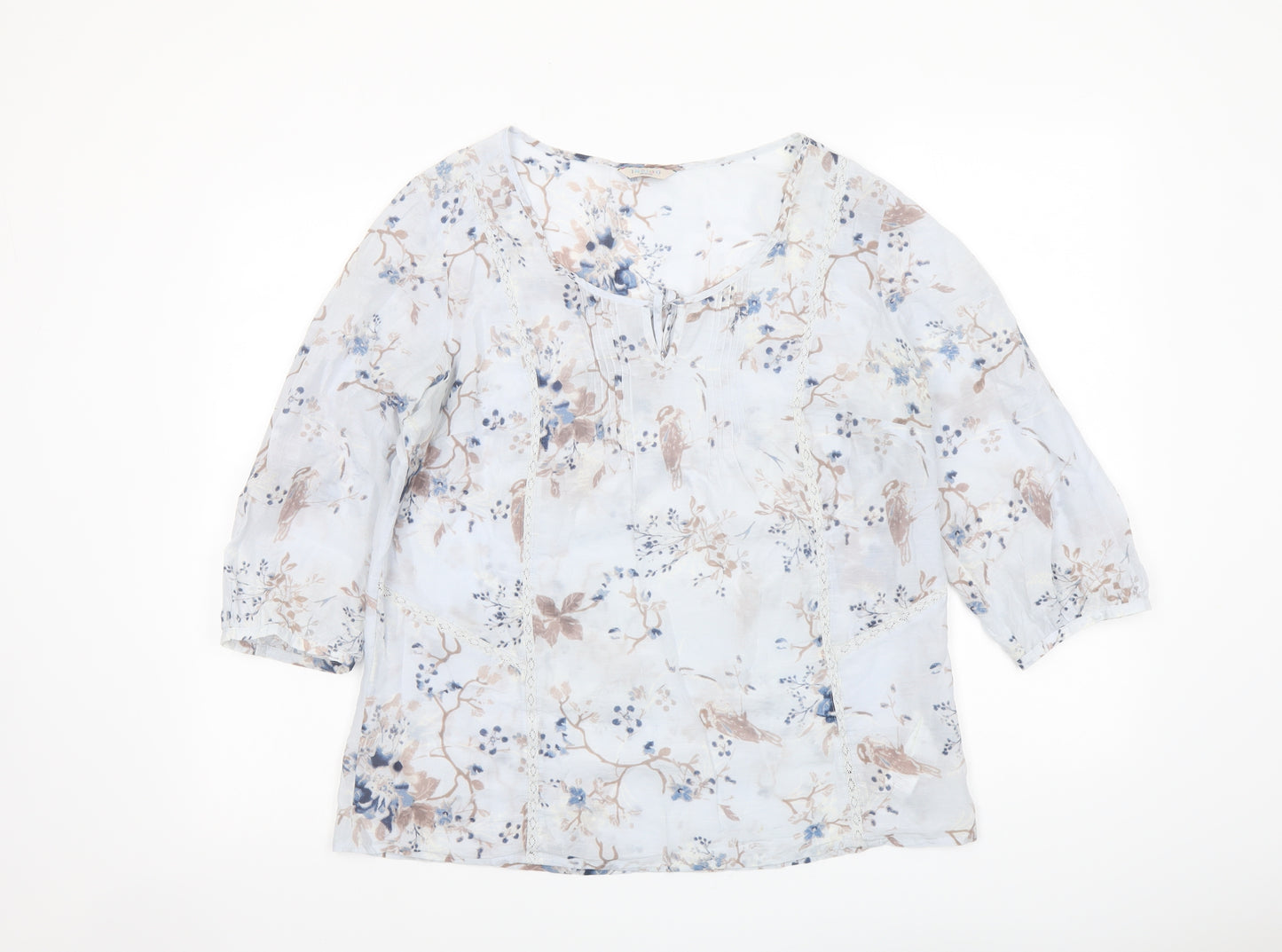 Indigo Womens Blue Floral Cotton Basic Blouse Size 14 Boat Neck