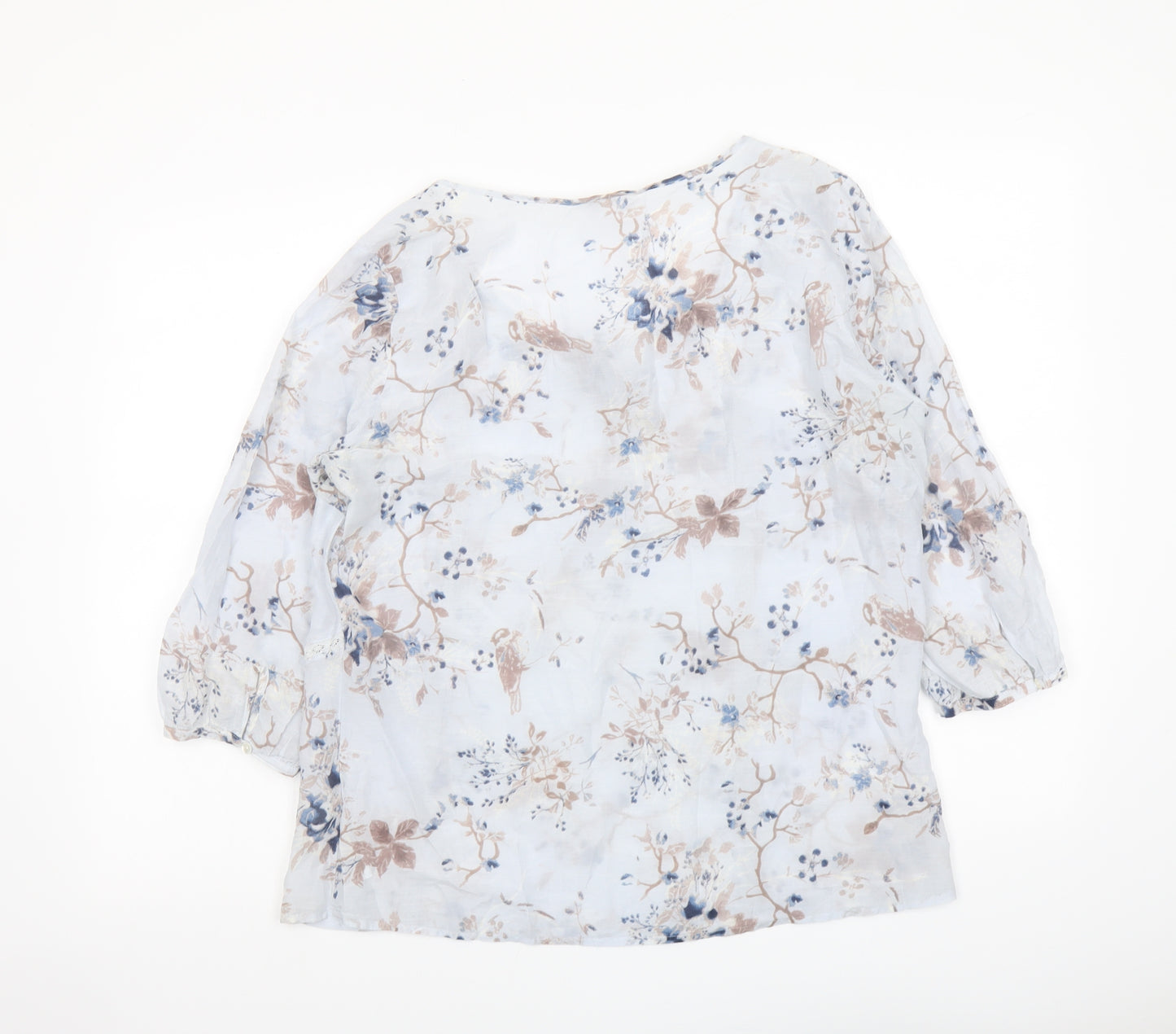 Indigo Womens Blue Floral Cotton Basic Blouse Size 14 Boat Neck