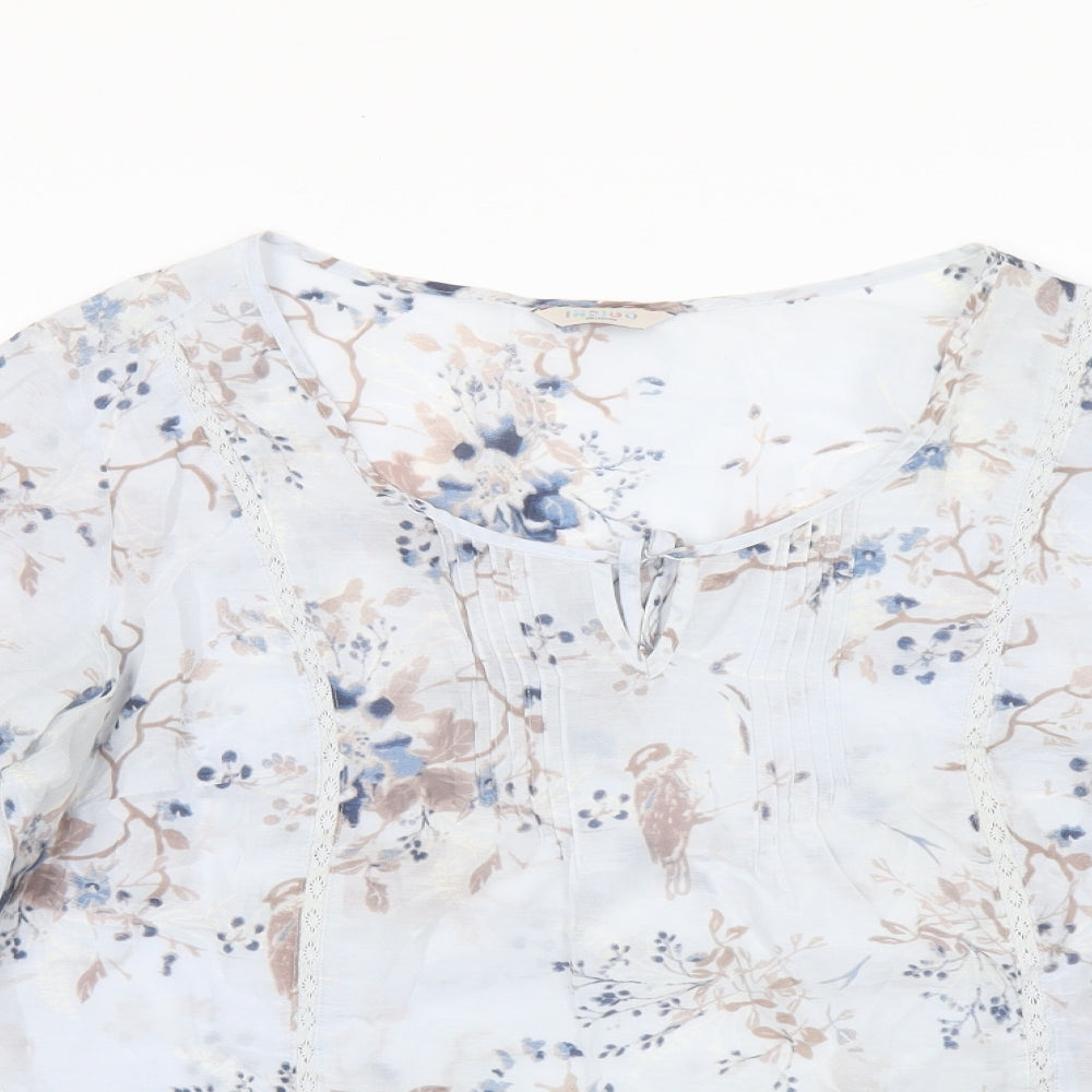 Indigo Womens Blue Floral Cotton Basic Blouse Size 14 Boat Neck