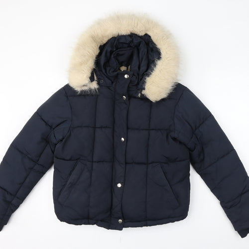 Topshop Womens Blue Puffer Jacket Coat Size 4 Zip - Hooded Faux Fur Trim
