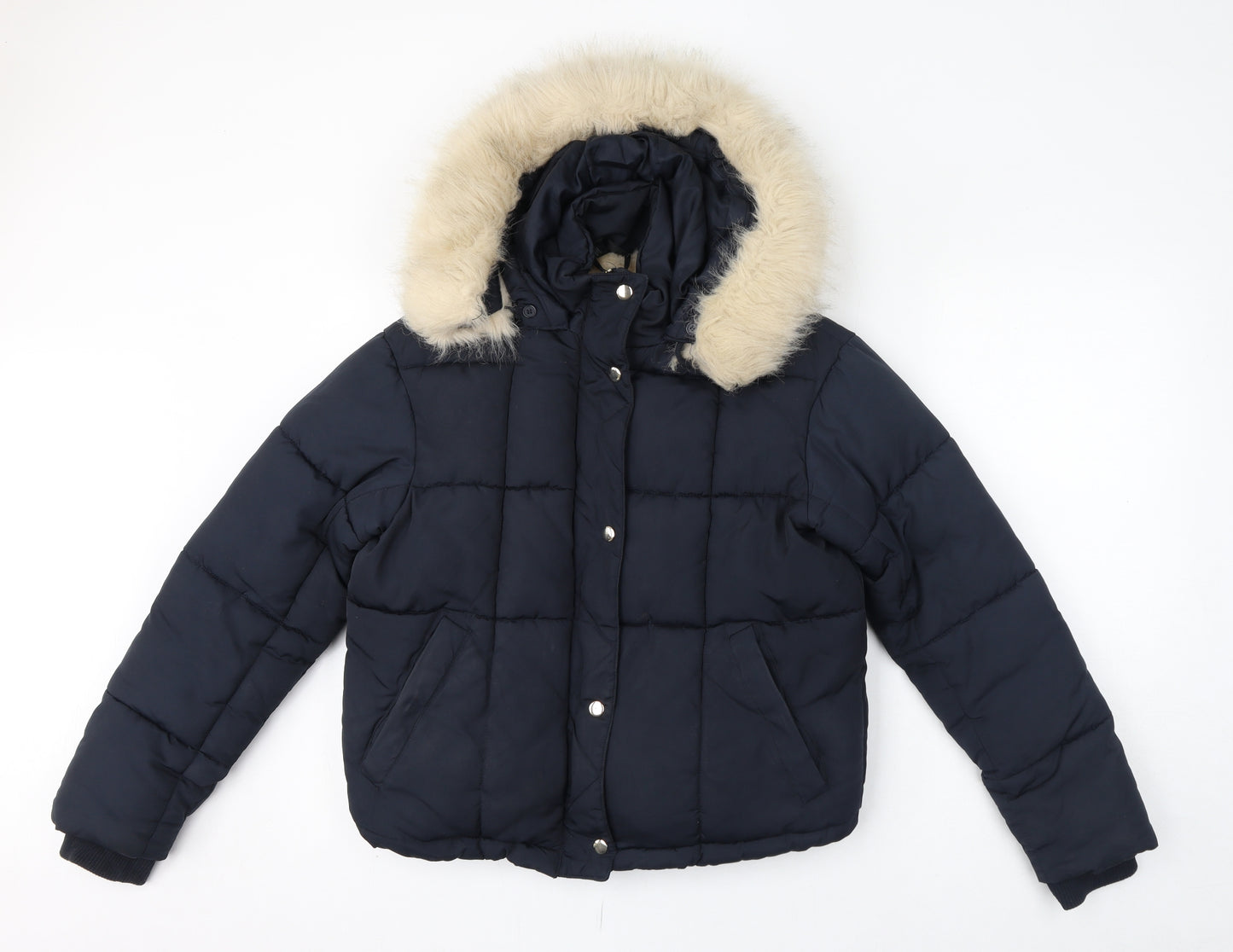 Topshop Womens Blue Puffer Jacket Coat Size 4 Zip - Hooded Faux Fur Trim