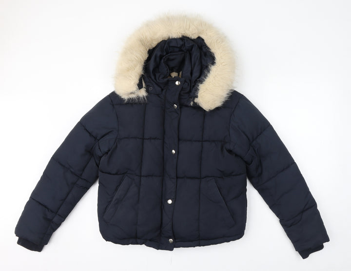 Topshop Womens Blue Puffer Jacket Coat Size 4 Zip - Hooded Faux Fur Trim