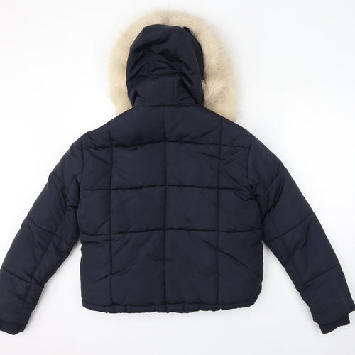 Topshop Womens Blue Puffer Jacket Coat Size 4 Zip - Hooded Faux Fur Trim