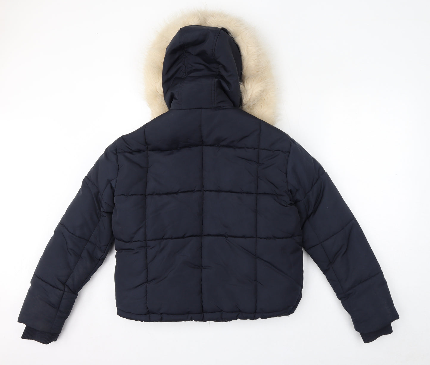 Topshop Womens Blue Puffer Jacket Coat Size 4 Zip - Hooded Faux Fur Trim