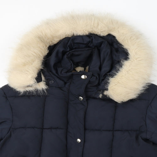 Topshop Womens Blue Puffer Jacket Coat Size 4 Zip - Hooded Faux Fur Trim