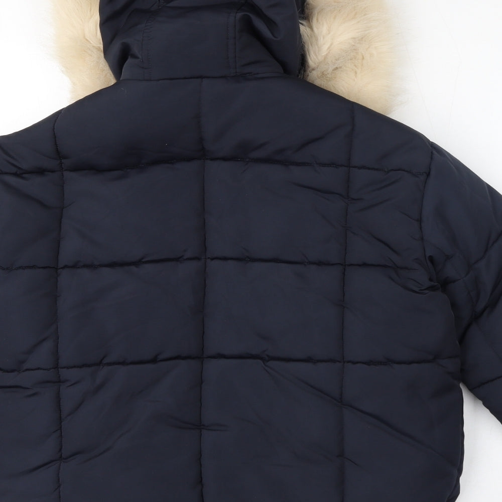 Topshop Womens Blue Puffer Jacket Coat Size 4 Zip - Hooded Faux Fur Trim