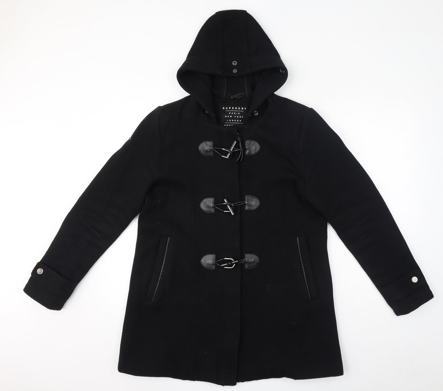 Superdry Womens Black Overcoat Coat Size L Zip - Hooded Duffle Coat