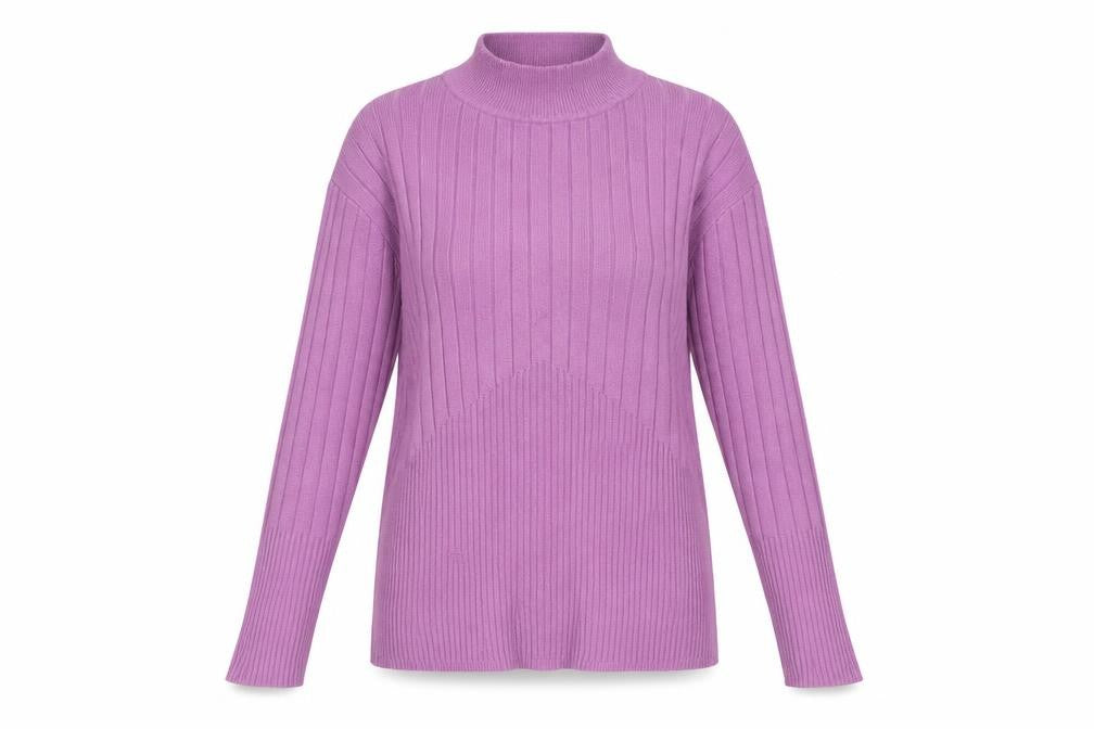 Front view of Marks & Spencer women’s purple mock neck viscose jumper, size UK 8, - button detail