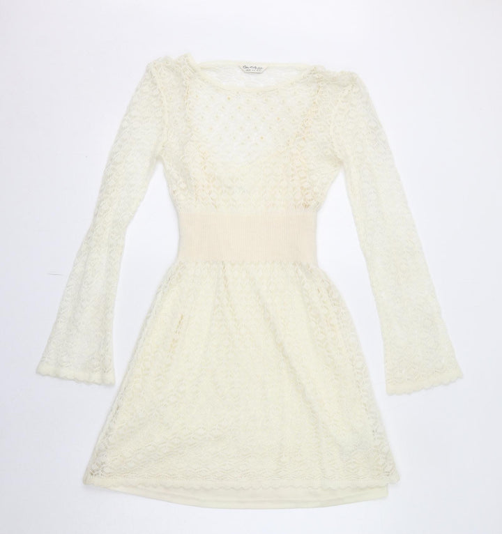 Miss Selfridge Womens Ivory Acrylic Fit & Flare Size 10 Boat Neck Pullover