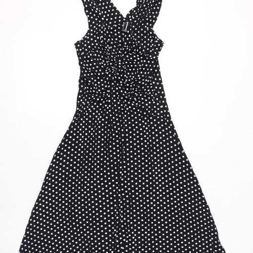 Izabel London Womens Black Polka Dot Viscose A-Line Size 8 V-Neck Pullover