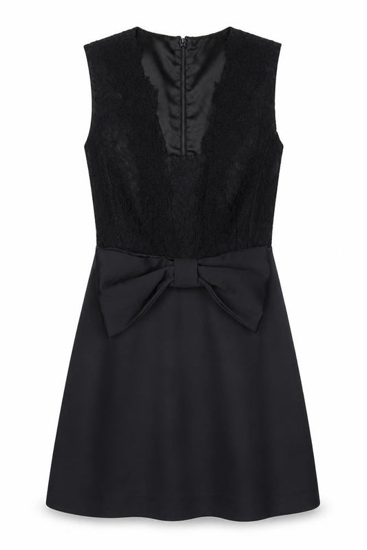 Front view of French Connection women’s black polyester a-line, size UK 8, square neck zip - bow detail