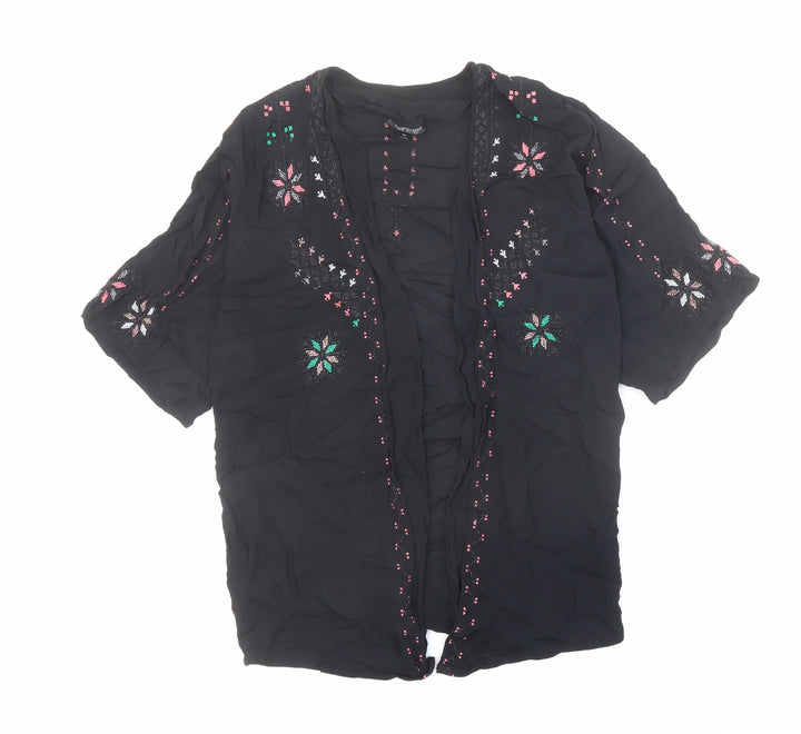Topshop Womens Black Viscose Kimono Blouse Size 8 V-Neck - Embroidered