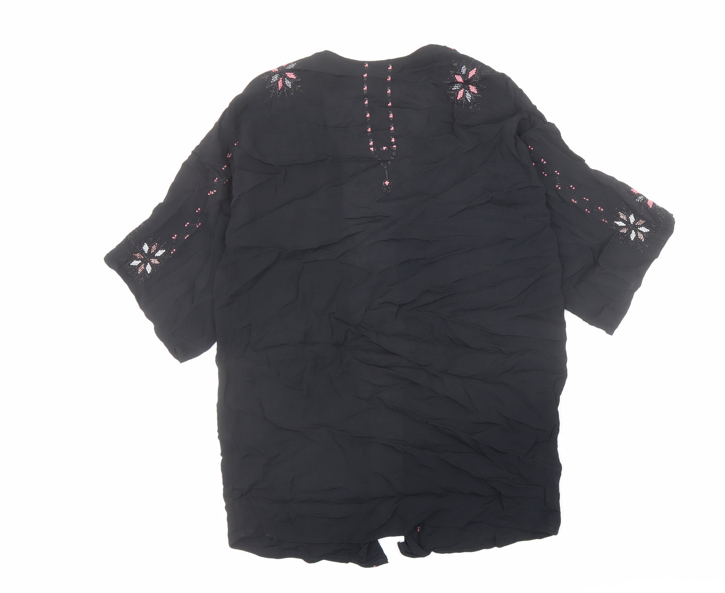 Topshop Womens Black Viscose Kimono Blouse Size 8 V-Neck - Embroidered