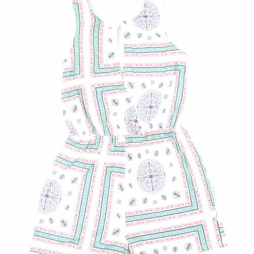 ASOS Womens White Geometric Polyester Playsuit One-Piece Size 8 L3 in Zip - Key Hole Neck