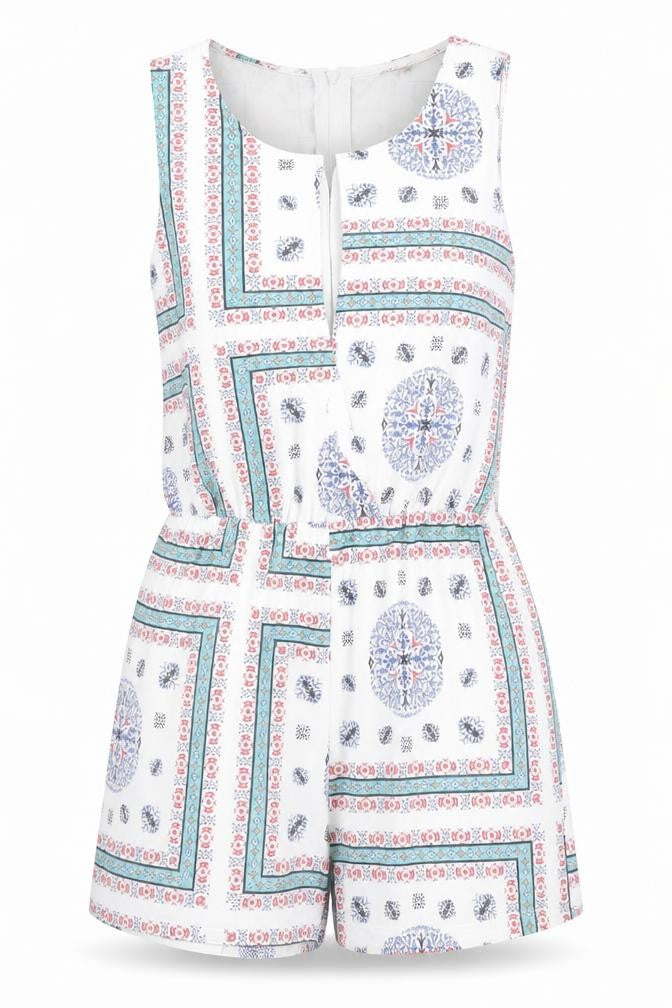 ASOS Womens White Geometric Polyester Playsuit One-Piece Size 8 L3 in Zip - Key Hole Neck