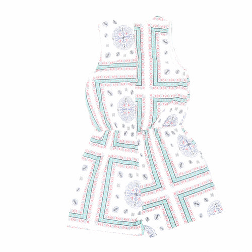 ASOS Womens White Geometric Polyester Playsuit One-Piece Size 8 L3 in Zip - Key Hole Neck