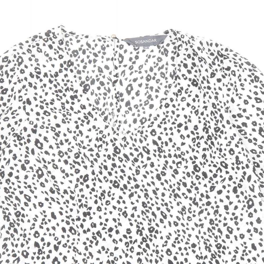 Sosandar Womens White Animal Print Polyester Basic Blouse Size 12 V-Neck - Leopard Print