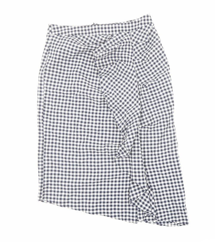 Topshop Womens Blue Check Cotton Straight & Pencil Skirt Size 12 Zip - Asymmetric Gingham Ruffle