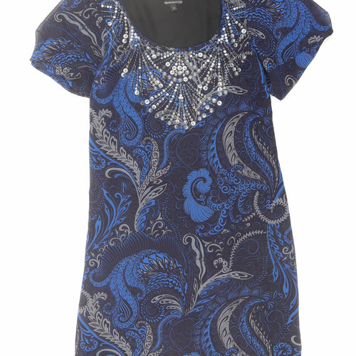 Marks and Spencer Womens Blue Geometric Polyester A-Line Size 10 Round Neck Zip - Sequin Detail