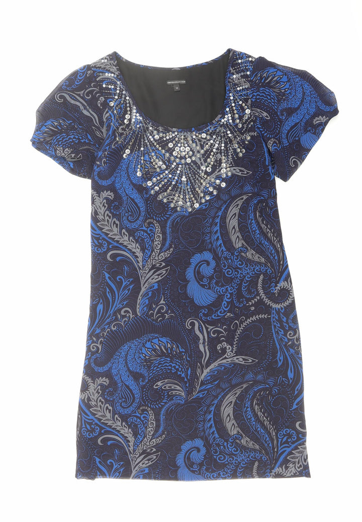 Marks and Spencer Womens Blue Geometric Polyester A-Line Size 10 Round Neck Zip - Sequin Detail