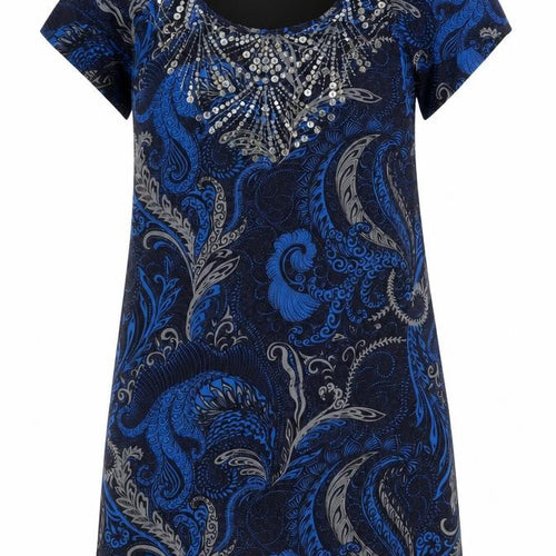 Marks and Spencer Womens Blue Geometric Polyester A-Line Size 10 Round Neck Zip - Sequin Detail