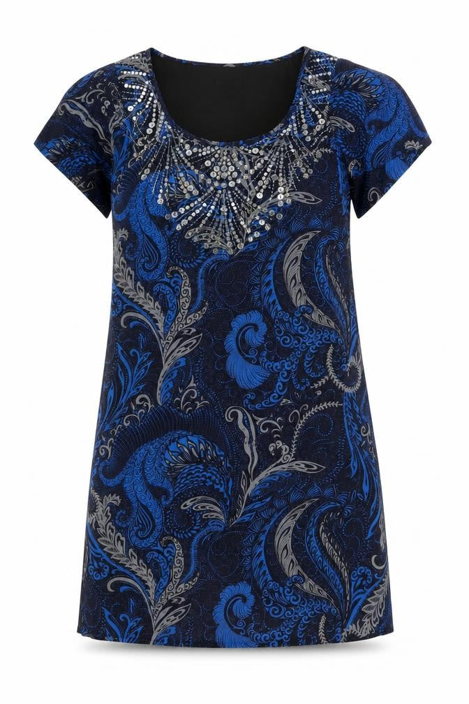 Marks and Spencer Womens Blue Geometric Polyester A-Line Size 10 Round Neck Zip - Sequin Detail