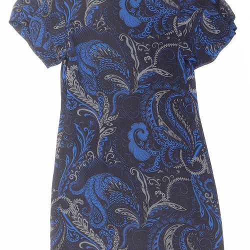 Marks and Spencer Womens Blue Geometric Polyester A-Line Size 10 Round Neck Zip - Sequin Detail